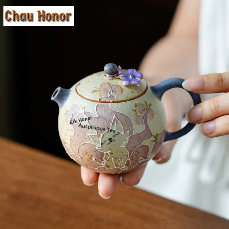 150ml Hand-drawn Fox Teapot Handmade Tea Infuser Pot Tea Brewing Kettle With Ball Hole Chinese Tea Set Accessories Collectible