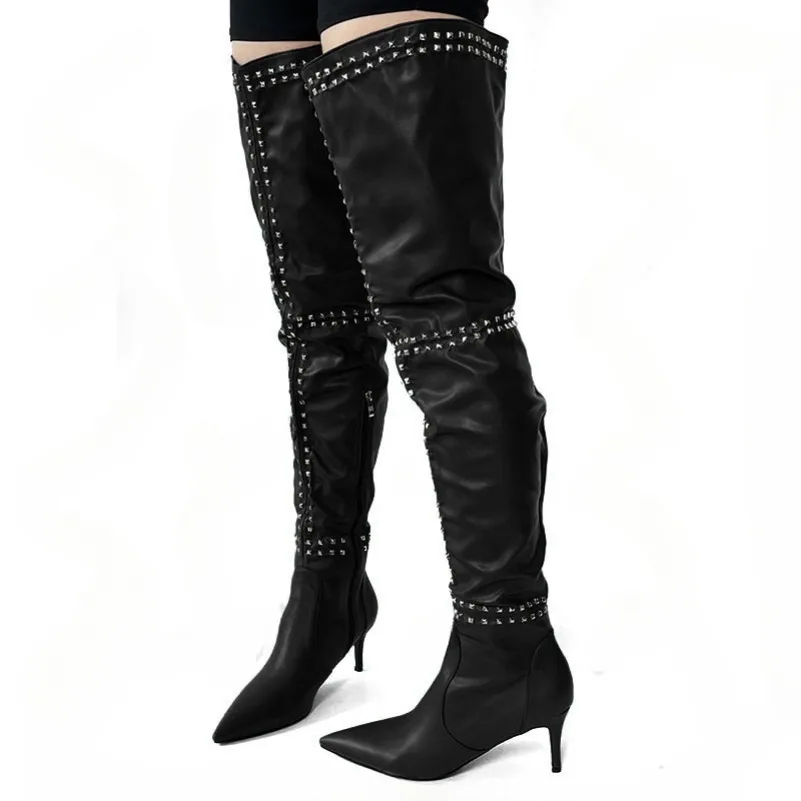 

2024 Hot Handmade Women Over The Knee Boots Sexy Studded Stiletto Heels Pointed Toe Gorgeous Red Party Shoes Women US Size 5-15