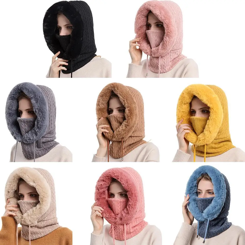 Winter Fur Cap Mask Set Hooded for Women Knitted Cashmere Neck Warm Balaclava Ski Windproof Hat Thick Plush Fluffy_voghion.com