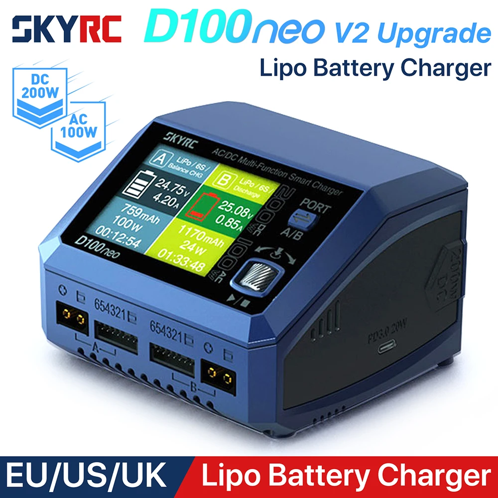 

SkyRC D100neo Battery Charger SK-100199 AC100W DC200W Smart RC Lipo Charger Discharger for LiPo/Life/LiIon/LiHV/NiMH/NiCd/Pb