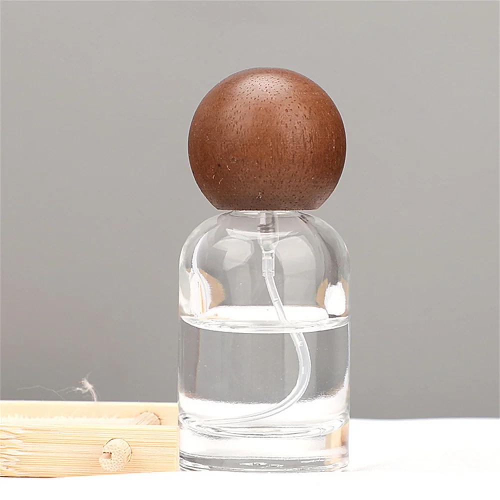 30/50ml Round Perfume Bottle Wood Ball Lid Luxury Empty Thick Glass Spray Atomizer Cosmetics Container Refillable Sample Vials 4
