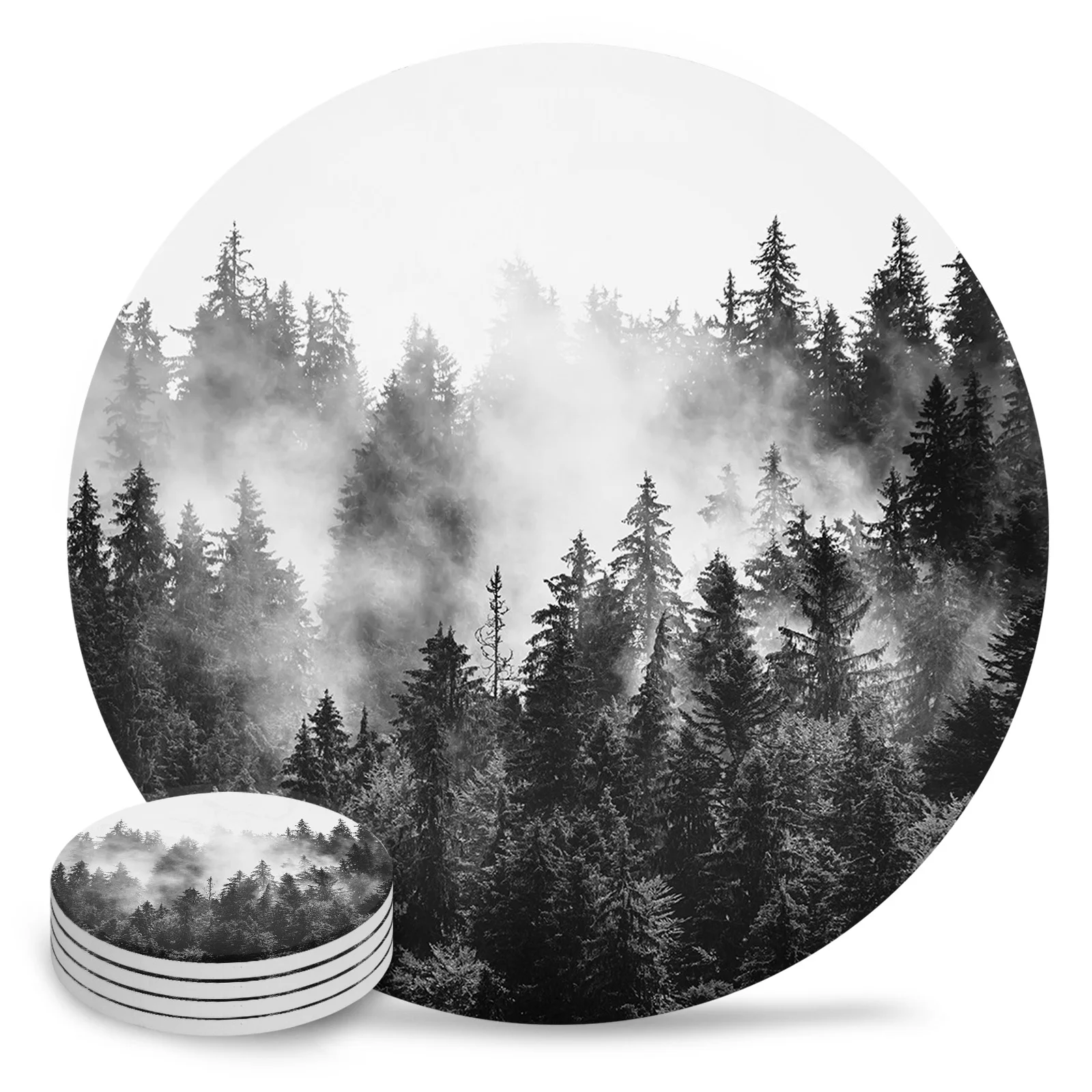 

Forest Tree Simplicity Round Coaster Coffee Table Mats Kitchen Accessories Absorbent Ceramic Coasters