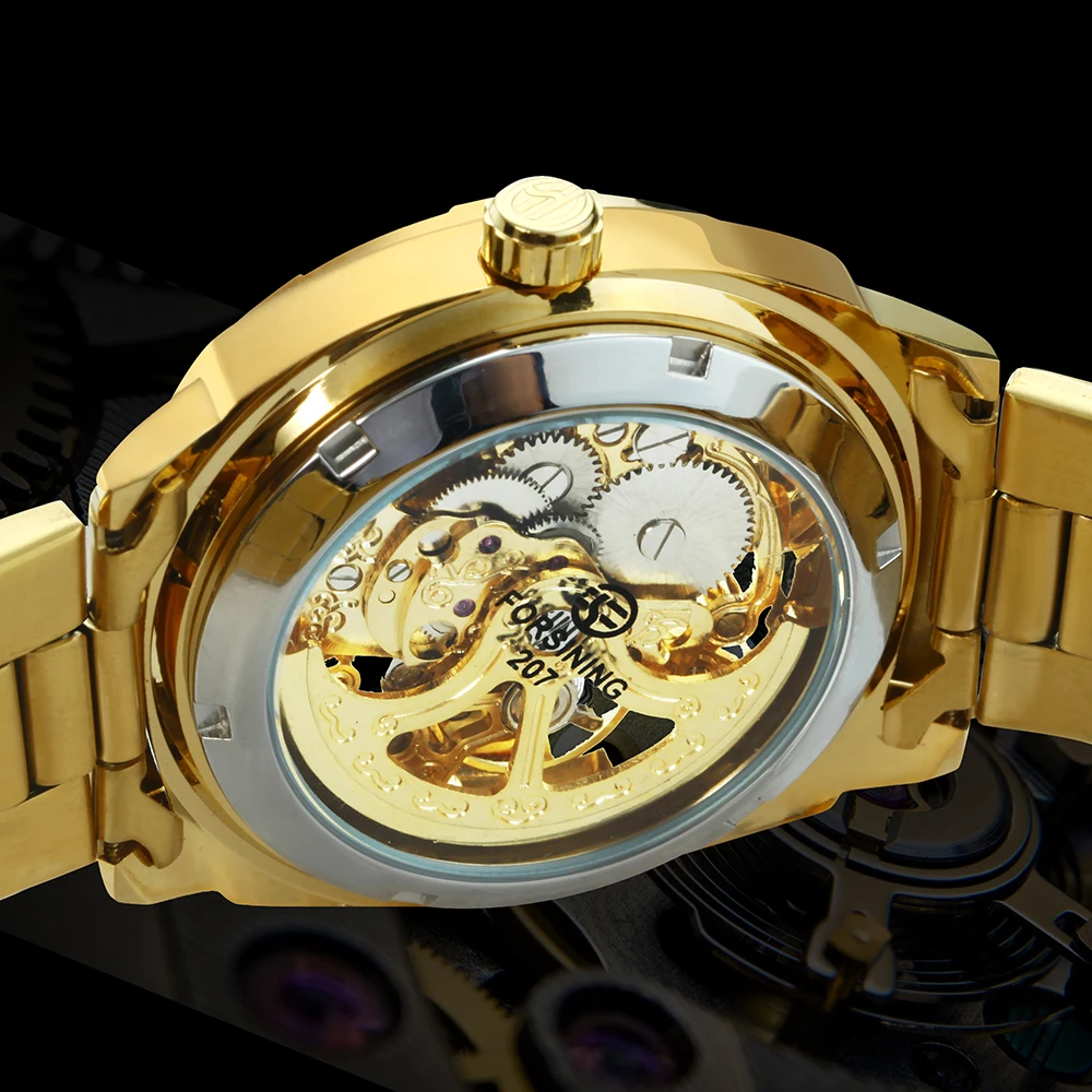 Forsining Transparent Skeleton Gold Watch for Men Mechanical Wristwatches Vintage Engraved Automatic Watches Mens Steel