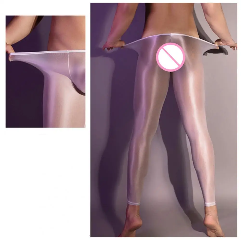 Men Sexy Long Pants See Through Oil Glossy Ultrathin Stretchy Leggings Shiny Nylon Ice Silky Comfort Sleepwear Skinny Allure