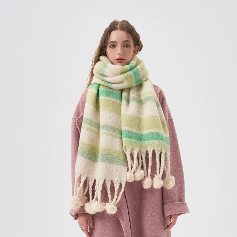 Sciarpa in cashmere con motivo a righe colorate con pallina, invernale, calda, ispessita, arcobaleno, kawaii, mohair, accessori per amanti_voghion.com