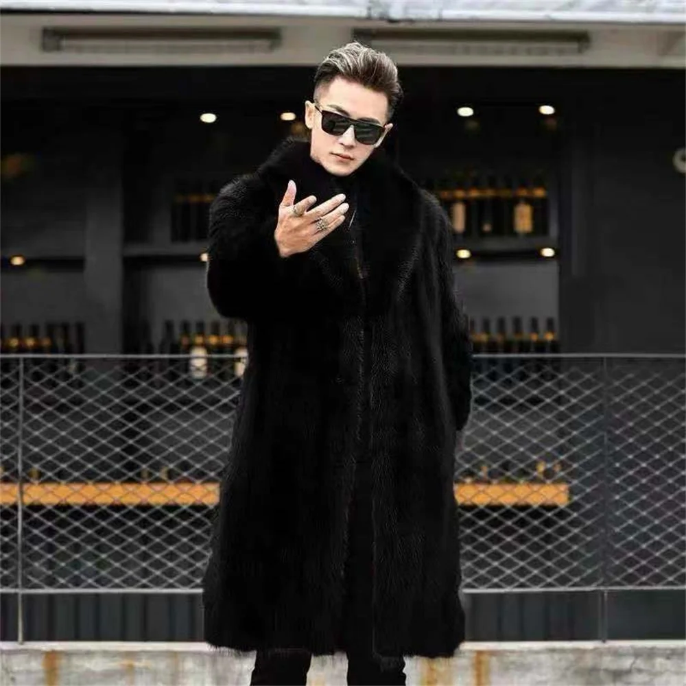 2 Colors 9XL Winter Warm Loose Overcoat Plus Size Open Stitch Plush Coat Men Faux Mink Fur Cardigan Thicken Long Trench