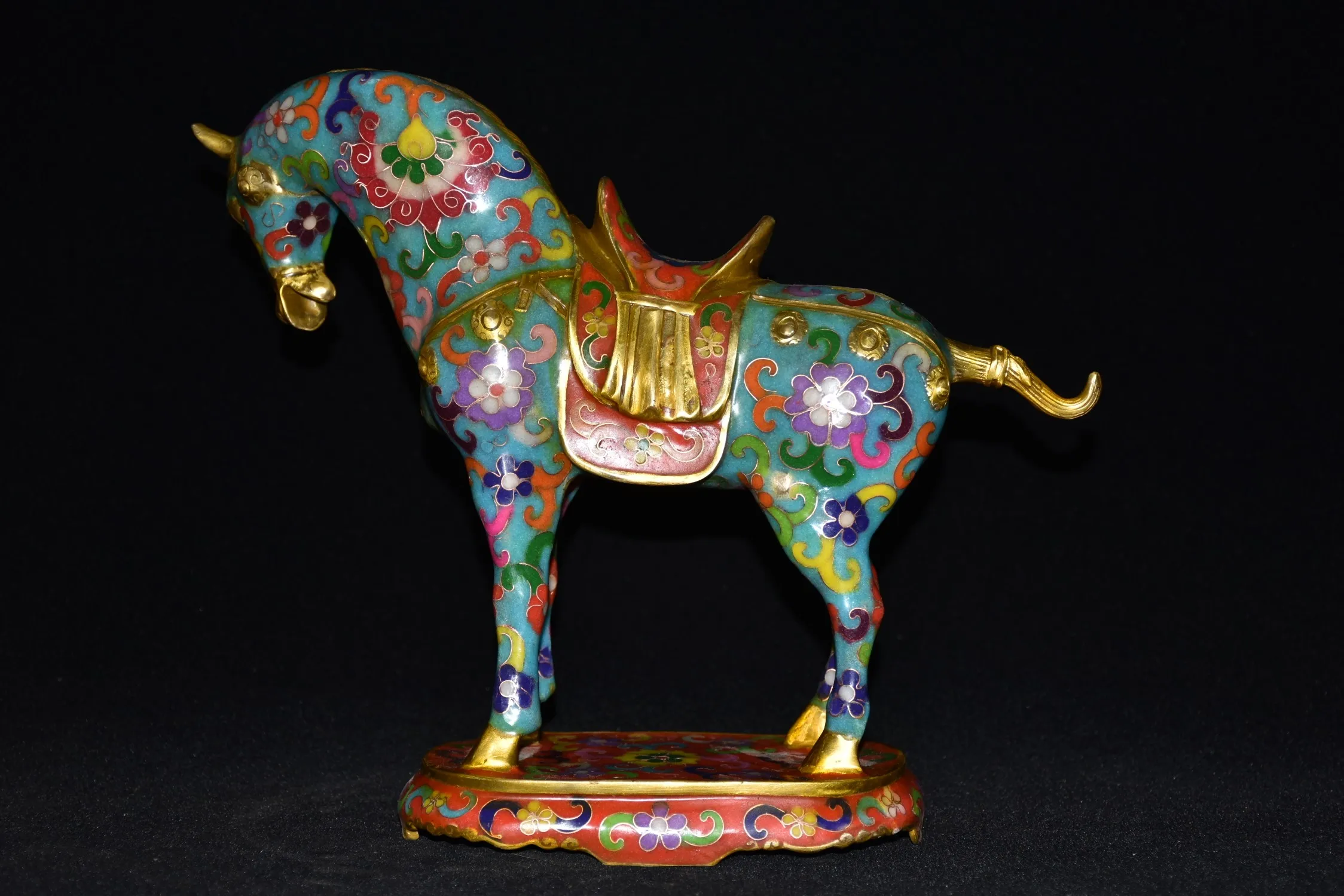 

11"Tibetan Temple Collection Old Bronze Cloisonne Enamel Don horse zodiac horse Lucky Gather fortune office ornament Town house