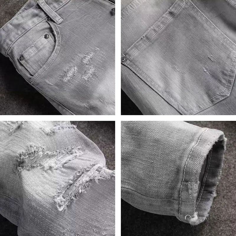 Street Fashion Men Jeans Retro Gray Stretch Slim Fit Vintage Ripped Jeans Men Embroidery Patched Designer Hip Hop Brand Pants