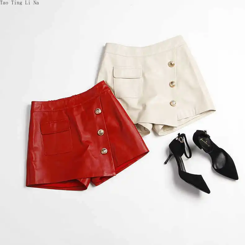 2023 Women New Genuine Sheep Leather Shorts High Waist Real Sheepskin Leather Wide Leg Shorts E12