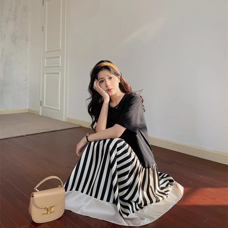 

2024 Women Summer New Oversized O-neck Dresses Female Short Sleeve Casual Dress Ladies Loose Striped Patchwork Vestidos C124