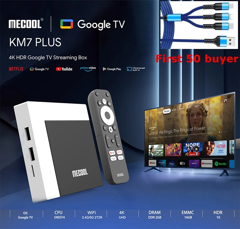

ТВ-приставка KM7 Plus, глобальная версия, Android 11, Netflix, 4k, Google TV, 2 Гб DDR4, 16 ГБ, ROM100M, LAN интернет, S905Y4, медиаплеер для дома, 2023