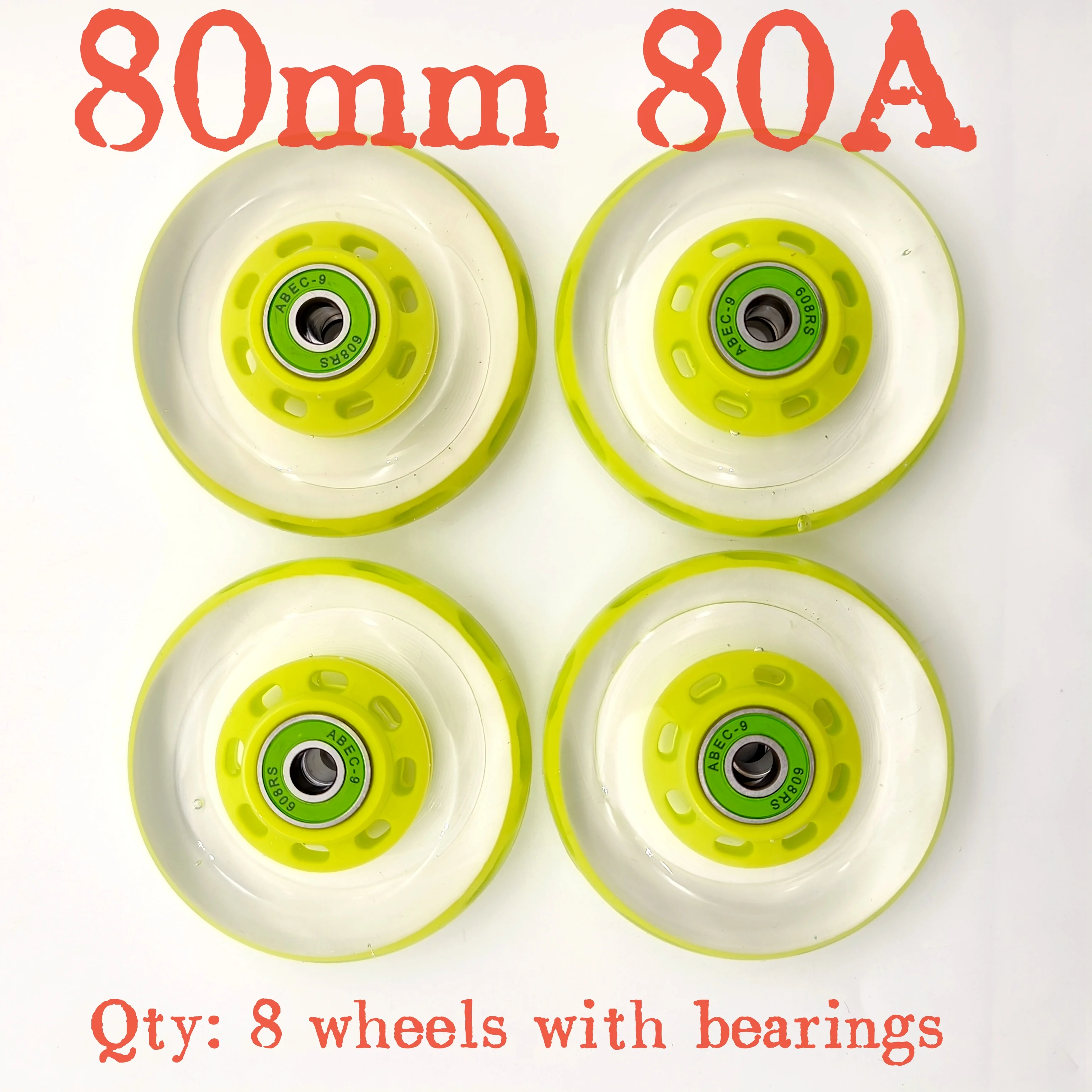 Inline skate wheel transparent 80mm 80x24 mm 80a bearing abec-9 8wheels/lot
