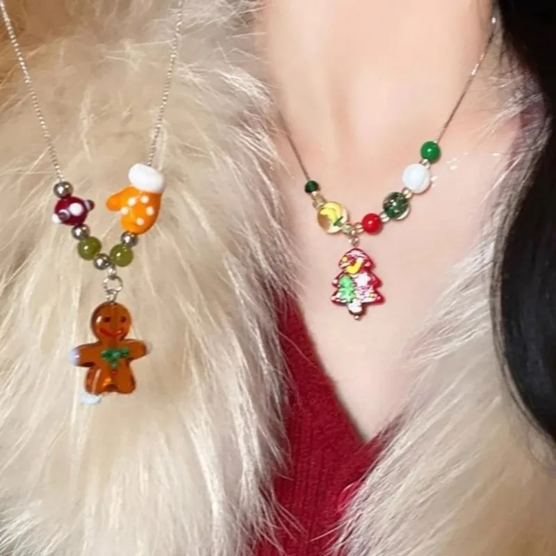 Kawaii Christmas Tree Gingerbread Man Pendant Necklace for Women Men Holiday Choker Party Jewelry Gifts
