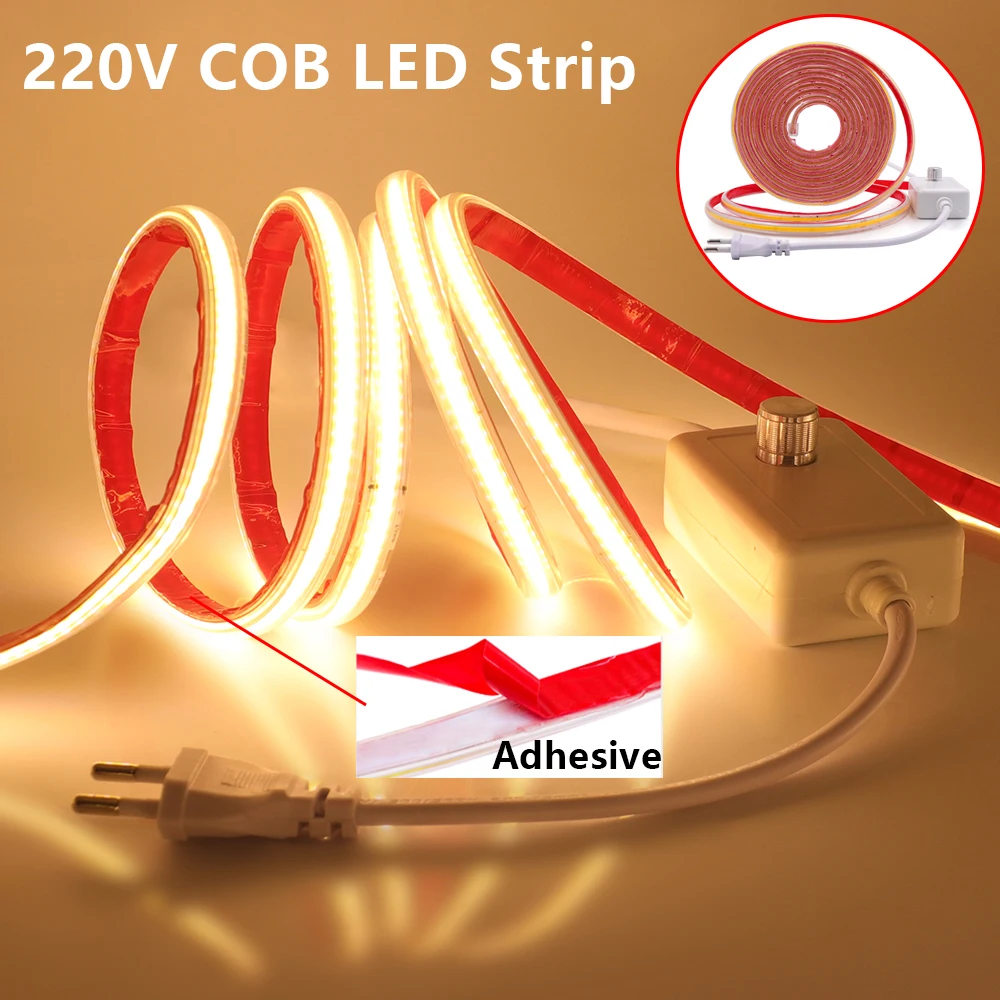 220V COB LED Strip Waterproof 288LEDs/m Adhesive LED Tape With EU/UK Dimmer Power Plug Kit Flexible Ribbon Indoor Outdoor Lamp ip68 waterproof cob led strip with power supply tuya smart wifi dimmer 320leds m high density dc 12v 24v flexible tape linear