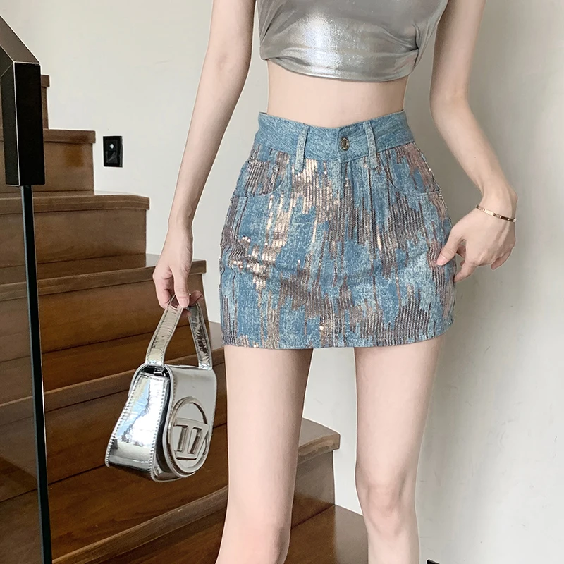 

Sexy Short Skirt Summer Sequin Design Sense Denim Short Skirt High Waist Slimming Spice Girl A- Line Hip Skirt