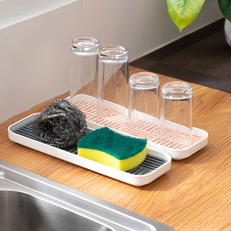 Kitchen Tray Storage Tray Bamboo Organizer Tray Soap Dispenser Tray Sink Soap Storage Rack Sponge Holder Cup Tableware Drain Tray Dish Washing Scrubber Kitchen Storage Trays Home Organizer