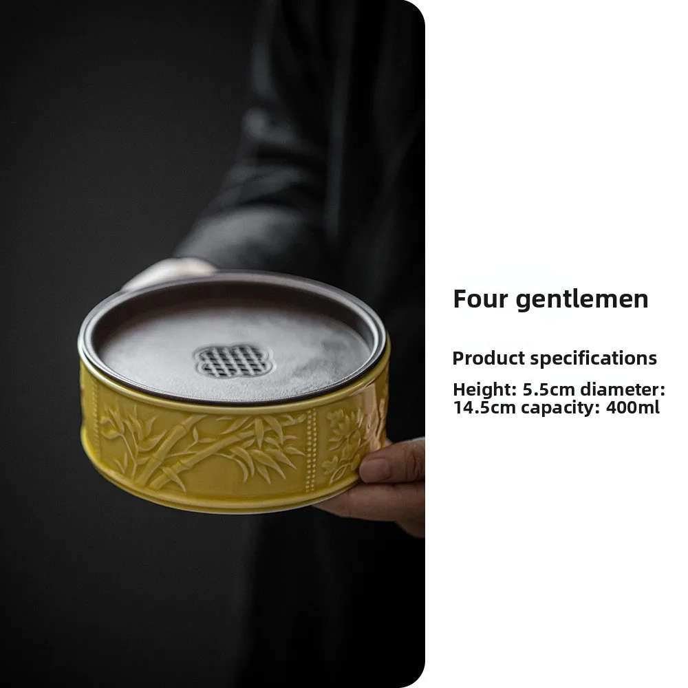 Light Yellow Relief Plum Orchid Ceramic Pot Bearing Support Kung Fu Tea Dry Bubble Tray Water Storage Holder With Cover Tea Tary