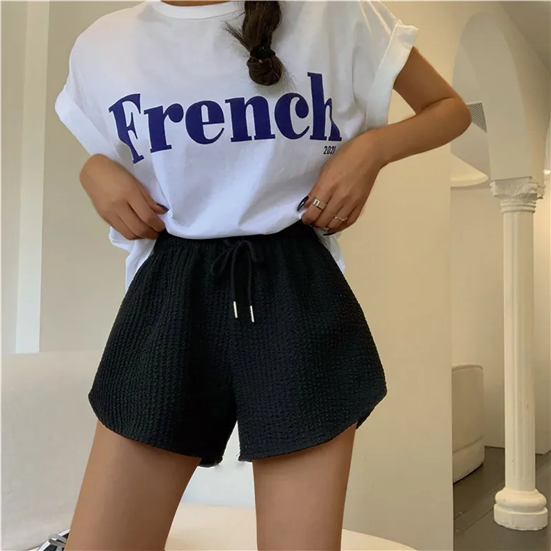 

Summer High Elastic Women Shorts Lace Up Drawstring Wide Leg Sweat Short Fitness Running Shorts Loose Casual Large Sports Pants