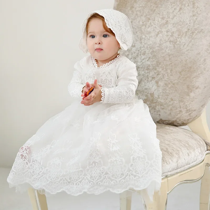 0-2 Years Children Lengthen Lace Christening Dress Baby Girls Infant Toddler Wedding Dress Little Girls White  Baptism Dress