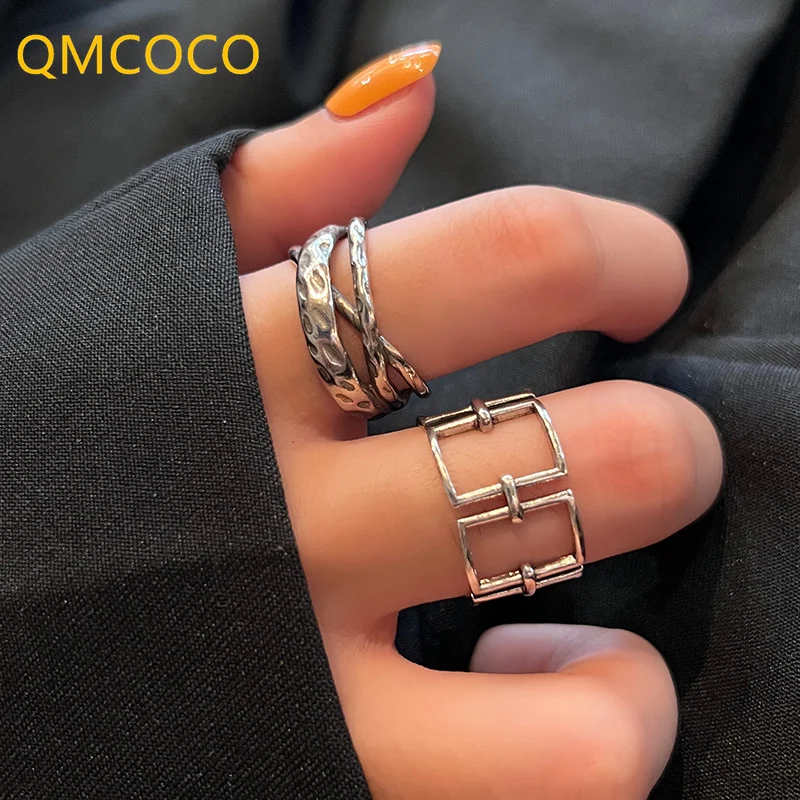 

QMCOCO Korean Personality Geometric Hollow Out Retro Square Ring For Woman Silver Color Fashion Opening Index Finger Ring