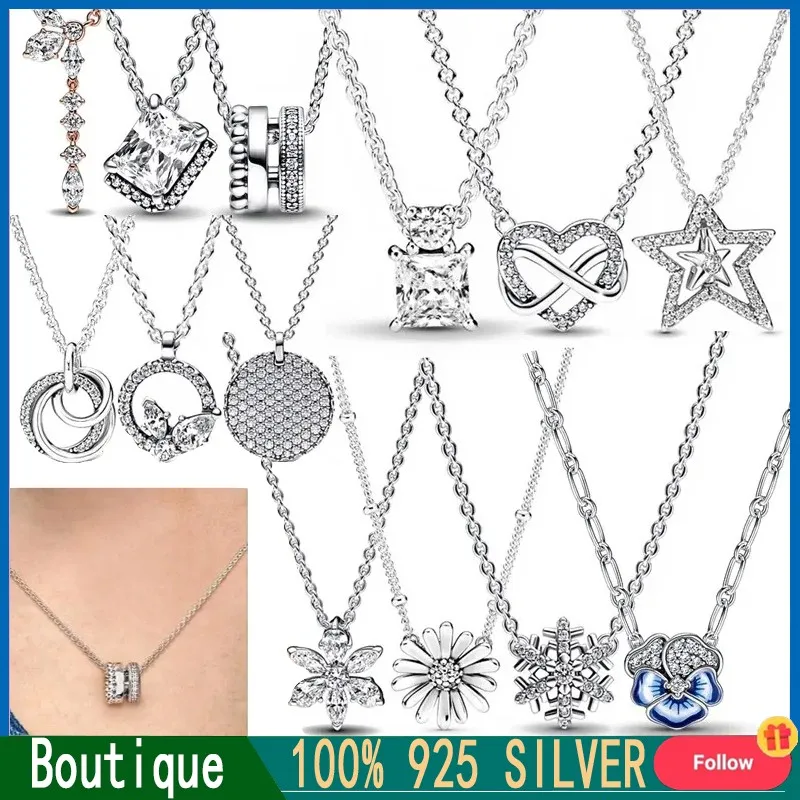 Original Logo Women's Necklace Sparkling Dense Set Snowflake Logo Necklace% 925 Silver DIY Charm Jewelry Fashion Light Luxury