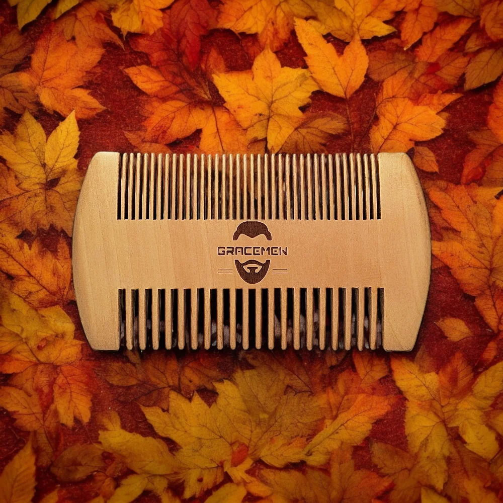 Gracemen 100% Wooden Beard Comb Double Sides for Men Anti-Static Wood Hair Comb with PU Leather Case and Great Gift to Men 6