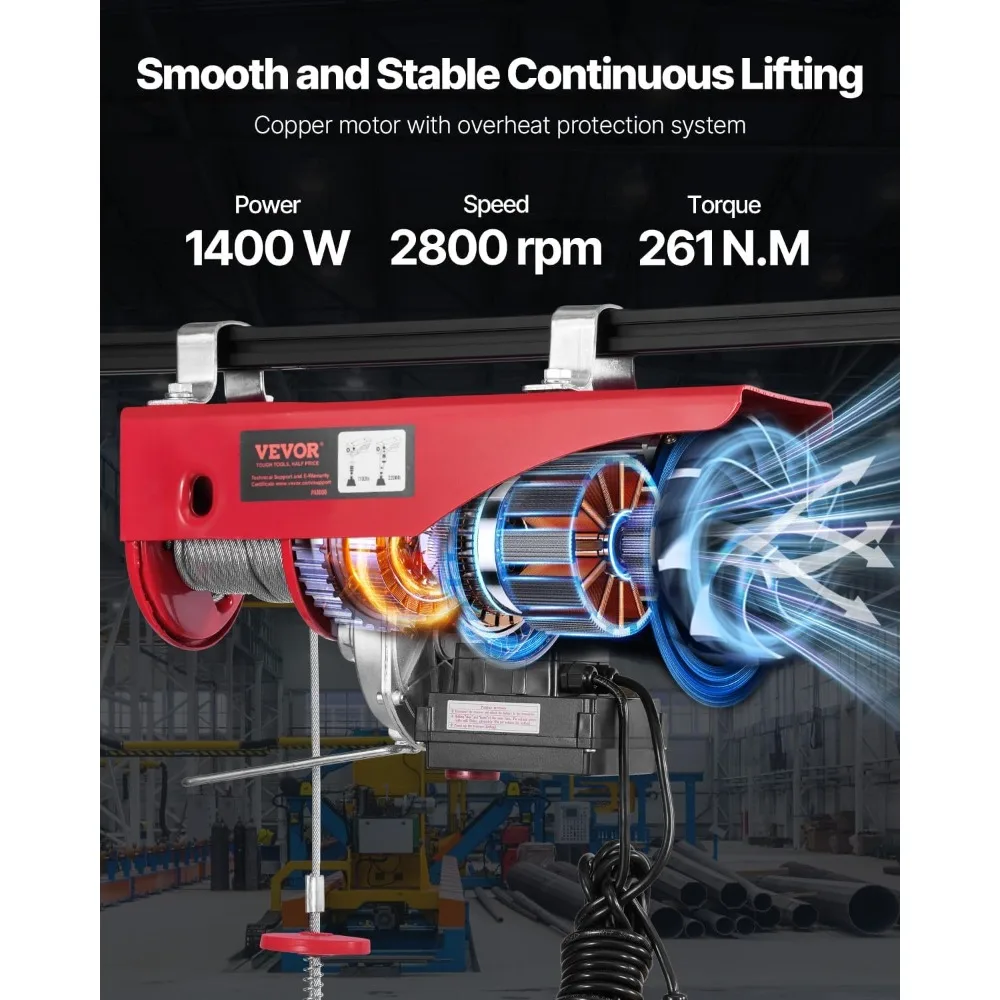 Electric Hoist, 2200 lbs 120V Electric Winch with 328 ft Wireless & 14 ft Wired Remote Control 40 ft Single Cable Lifting Height