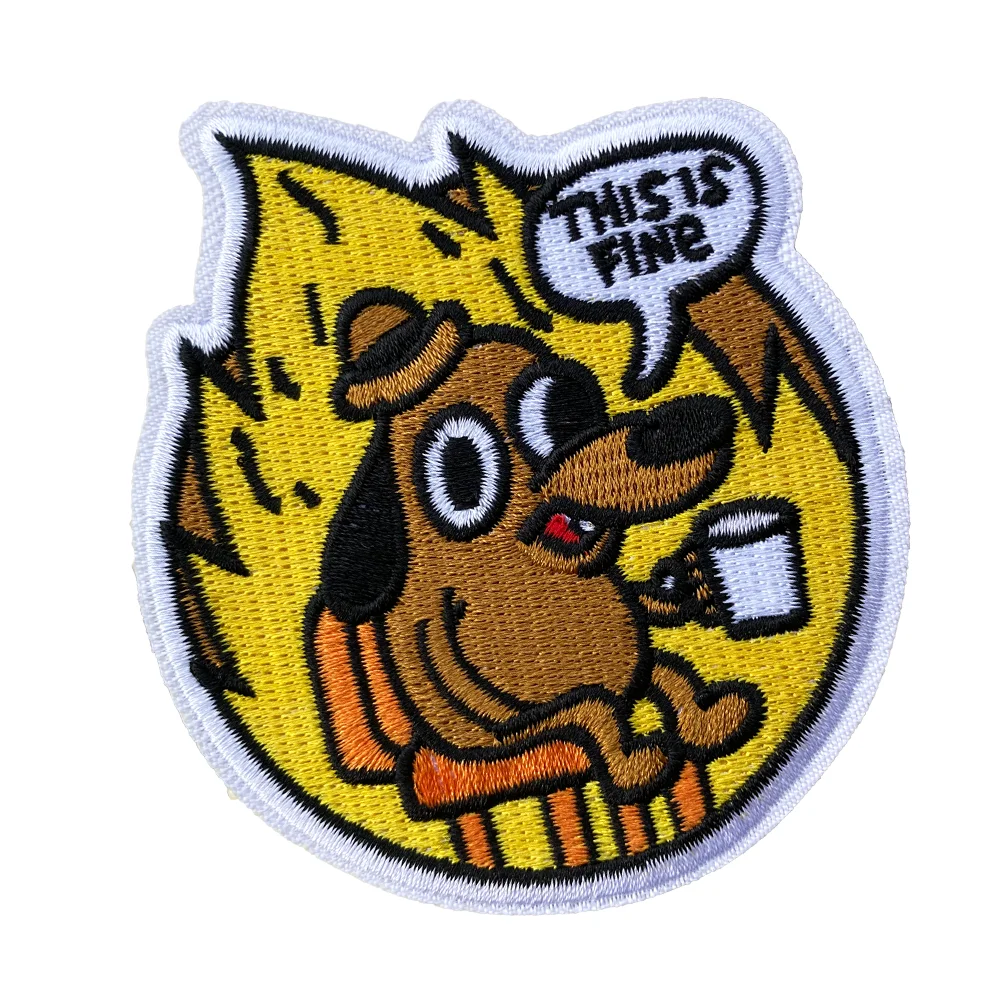 Dog Meme Patches This Is Fine Dog Meme White Edge Iron On/Sew On For Jackets Jeans Bags & More