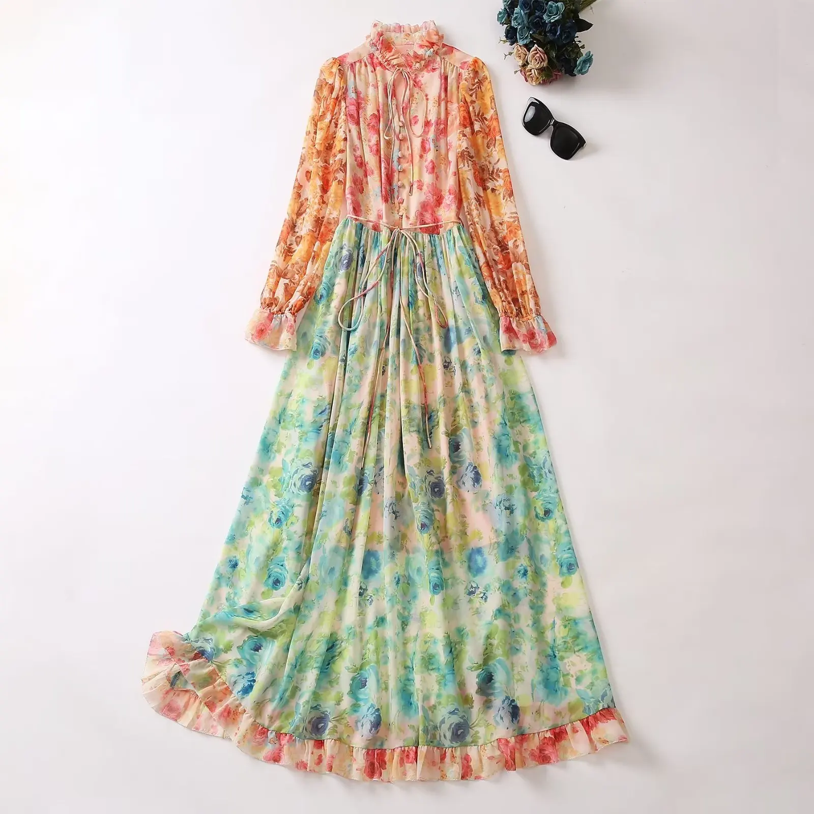 

European and American women's dress 2023 summer new style Long sleeve stand collar color matching flower print pleated dress XXL