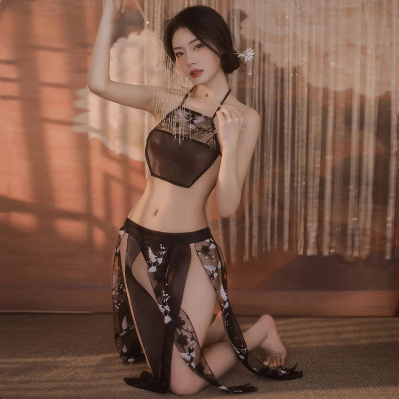 

Chinese Black Sexy Hanfu Apron Women's Pure Desire Lingerie Uniform Hot Slit Temptation Pajamas Bandage Skirt Set Chinese Dress