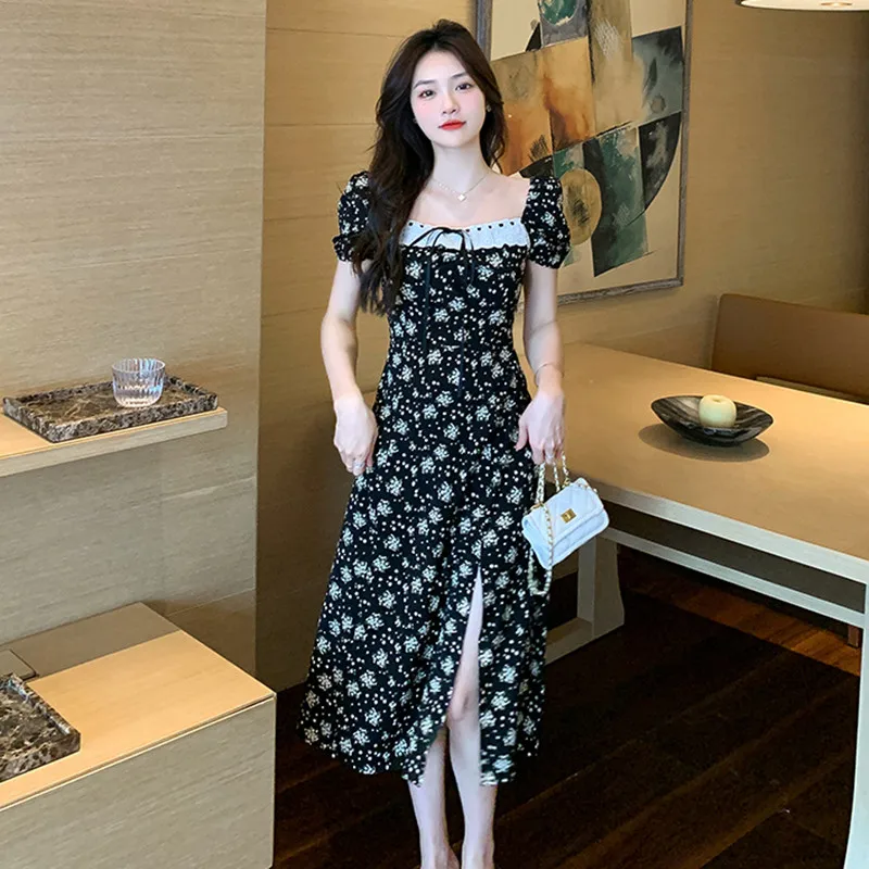 

2023 Dress Summer New Style Bubble Sleeve Short Square Neck Middle Long Lady Chiffon Free Shipping