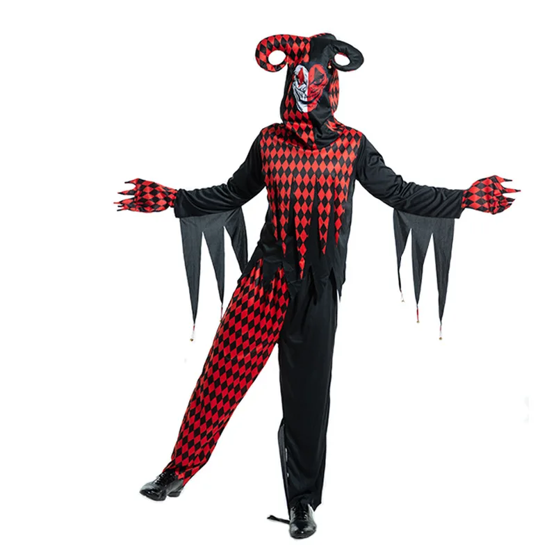 

Black and Red Plaid Man Circus Scary Clown Cosplay Halloween Droll Joker Costumes Carnival Purim Nightclub Role Play Party Dress