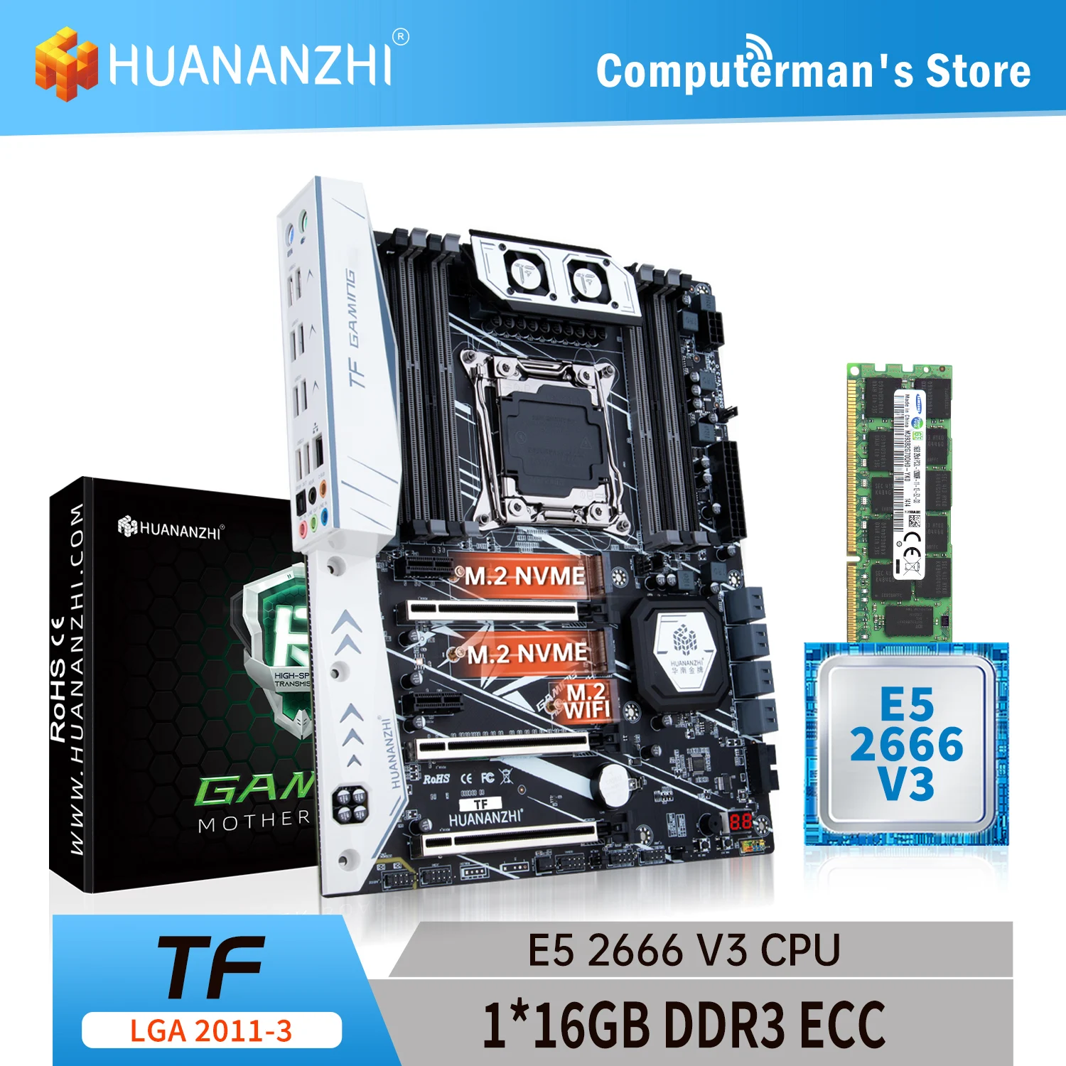 

HUANANZHI TF LGA 2011-3 Motherboard combo kit set with Intel XEON E5 2666 v3 with 1*16G DDR3 RECC memory M.2 NVME USB3.0 ATX