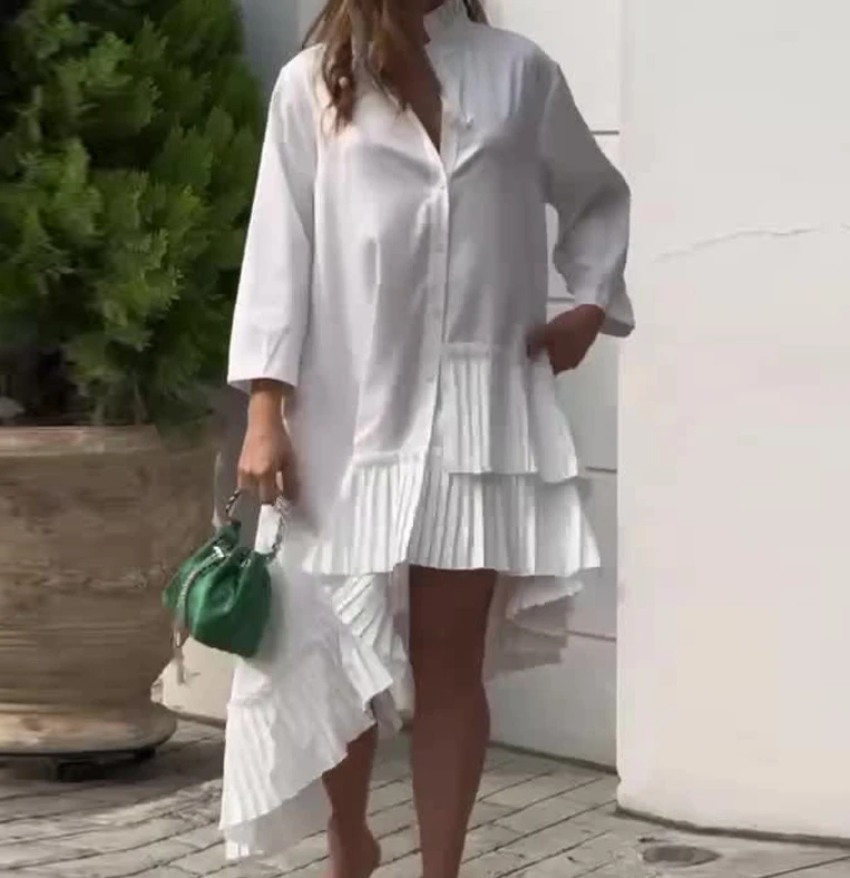 

New 2024 for Women A-Line Skirt High Waist Long Sleeved Solid Color Stand Up Collar Pleated Hem Daily Versatile Short Skirt
