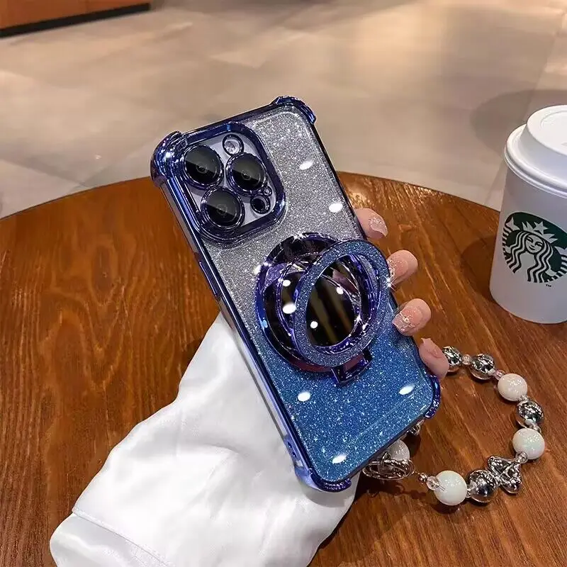 Glitter Make Up Case with Magsafe Holder and Pearl Chain Design
