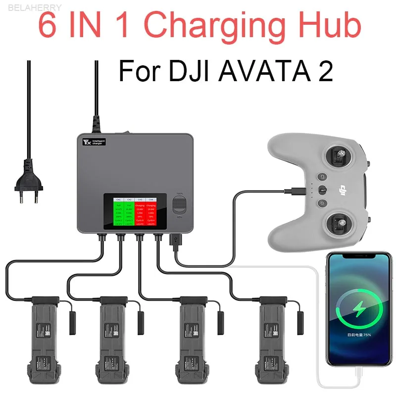 Description Picture 2 of item6 in1 Digital display Battery Charger for DJI AVATA 2 Drone Battery Charging Hub Fast Smart Battery Charger with USB adapter