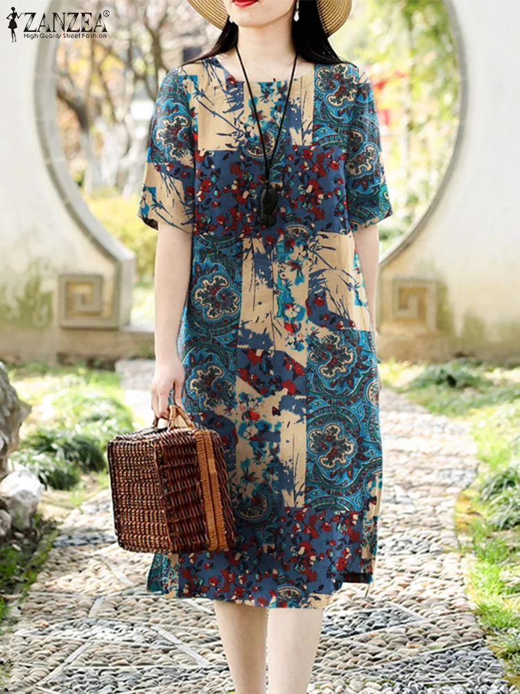 

Платье ZANZEA женское с цветочным принтом, винтажный сарафан средней длины в богемном стиле, с коротким рукавом, повседневная одежда для отдыха и работы, на лето