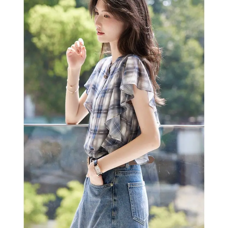 2023 Summer New Round Neck Short Ruffle Sleeves Shirts High Quality Chiffon Design Casual Women\'s Single-breasted Blouse