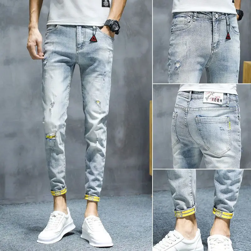 

Fashion High Quality Korean Fashion Designer Slim Luxury Clothing Men's Denim Jeans Casual Solid Ripped Hole Streetwear Pants