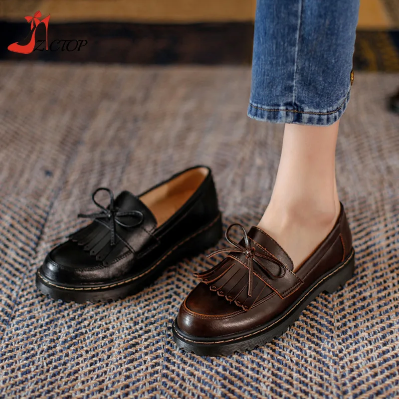 Retro Brown Thick Bottom Leather Shoes Women British Style Bow Tassel Platform Loafers Slip-on Black Student Uniform Shoes