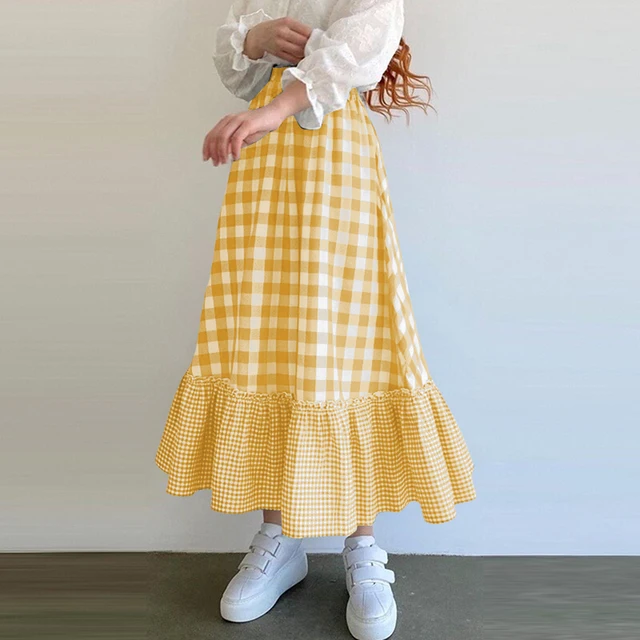 Midi Skirt Yellow Tartan Skirt Definition Oversized Bohemian Plaid