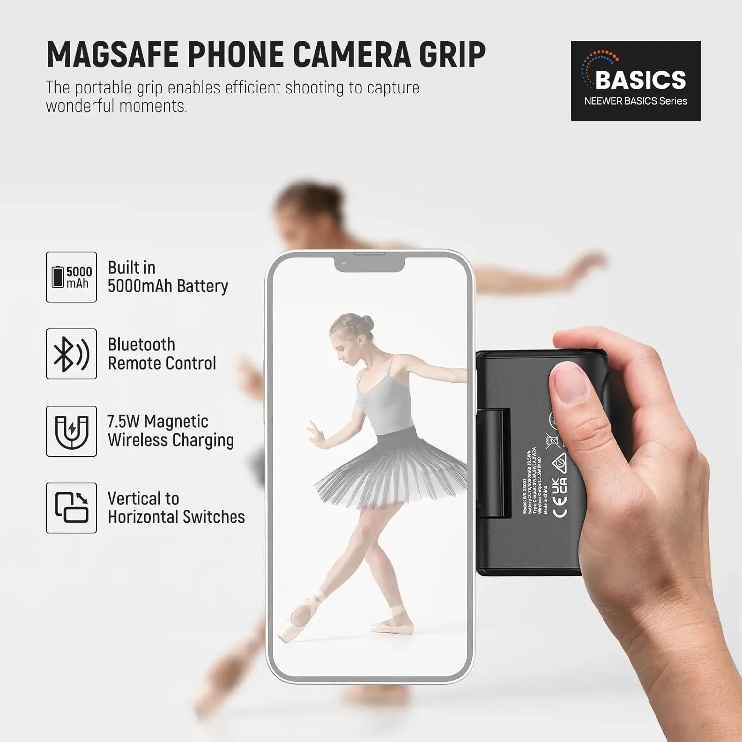 Basics Magnetic Phone Camera Grip Handle Compatible with MagSafe iPhone, 18W Mag