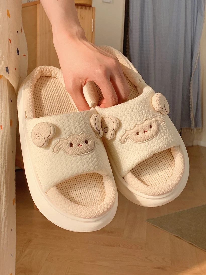 

Four Season Home Slipper For Women Cute Pig Cotton And Linen Floor Sandals Soft And Cute Little Lamb Anti Slip Home Linen