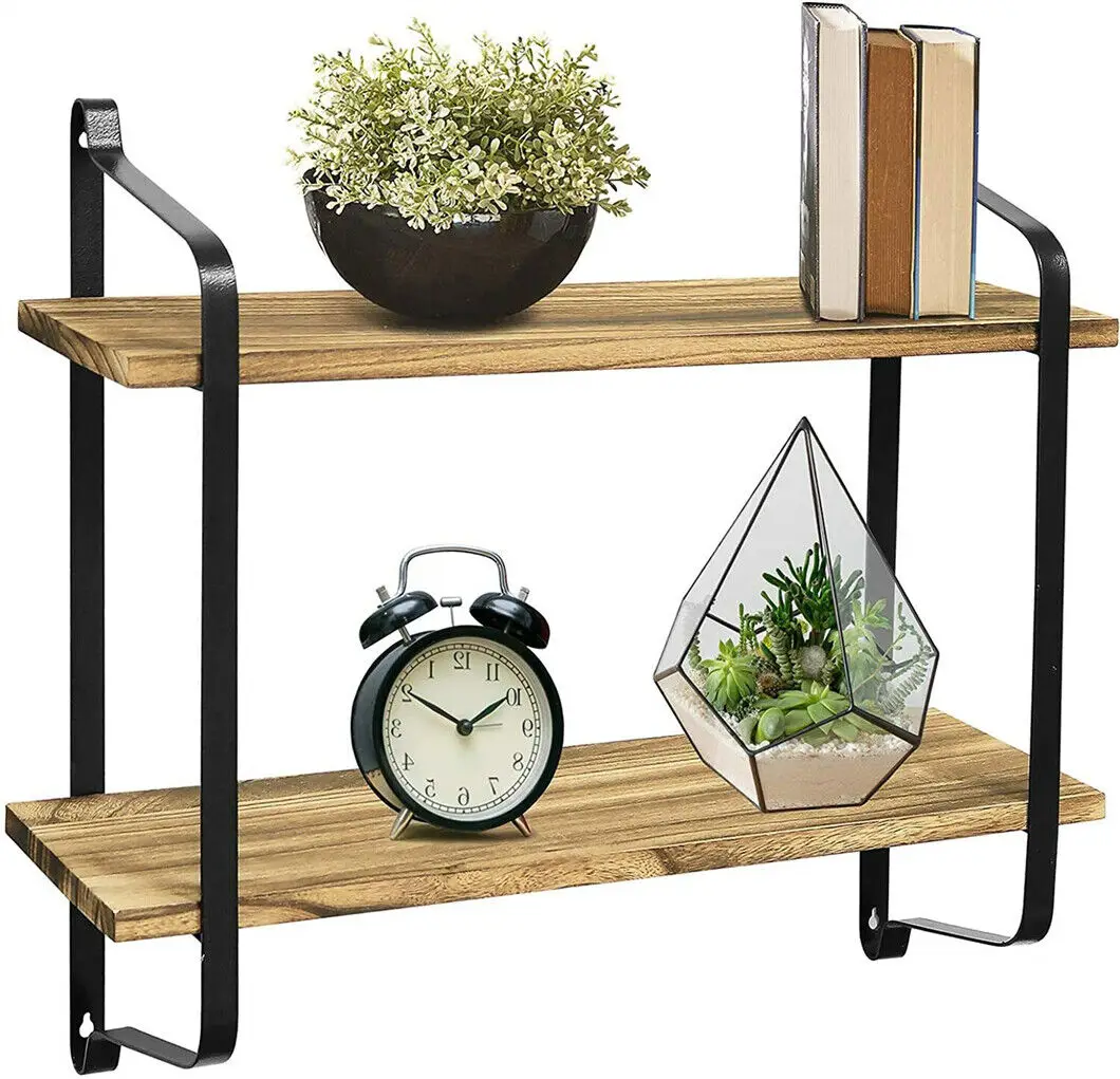 2 Tiers Rustic Floating Shelves Wooden Wall Mounted Display Rack for Living Room Bedroom Kitchen Organizer