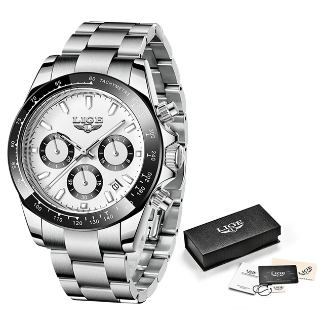 LIGE Men Watches Top Brand Luxury Panda Watch Sport Chronograph Fashion Man Quartz Wristwatch 30M Waterproof Luminous Date Clock 