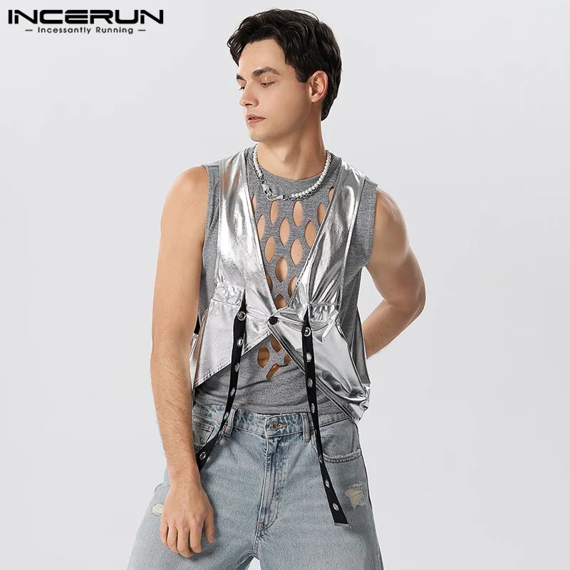 

Men Vests Patchwork V Neck Sleeveless One Button Shiny Waistcoats Men Streetwear 2023 Party Nightclub Fashion Vests 5XL INCERUN