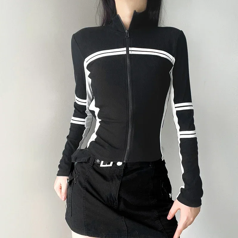 

Vintage y2k Tee Stitched Zip Up Turtleneck Crop Top Harajuku 2000s Full Sleeve Knitted T-shirt 2023 Autumn Women Clothing