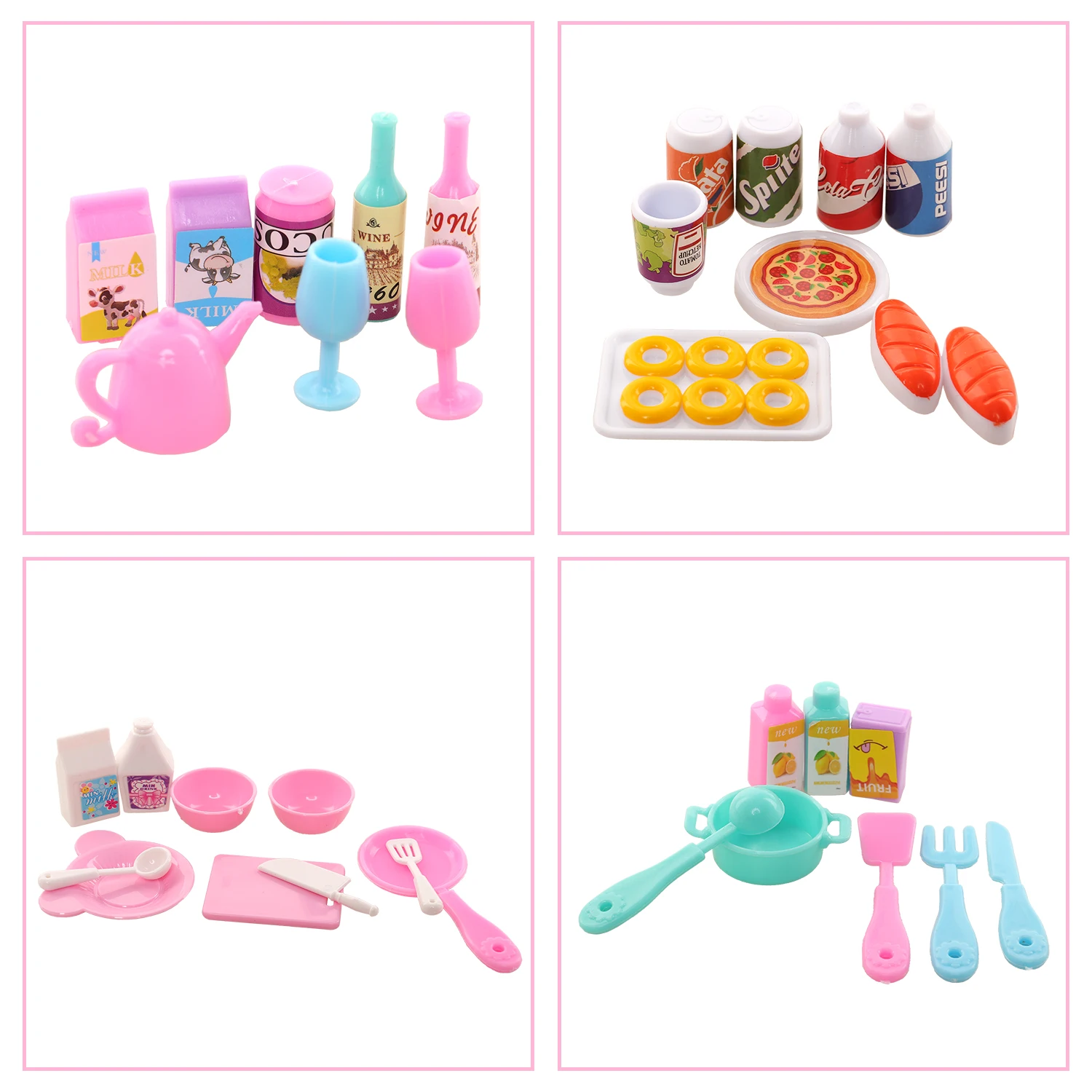 Dollhouse Mini Kitchen Food for Barbie 43 Pcs Dinner Set Fork Knif Plate Pizza Soup Tableware Cute Kids Toys Doll Accessories