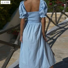 

European, American and French Style Retro Elastic High-Waisted, Cinched Waist, and Figure Flattering Backless Short Sleeve Dress