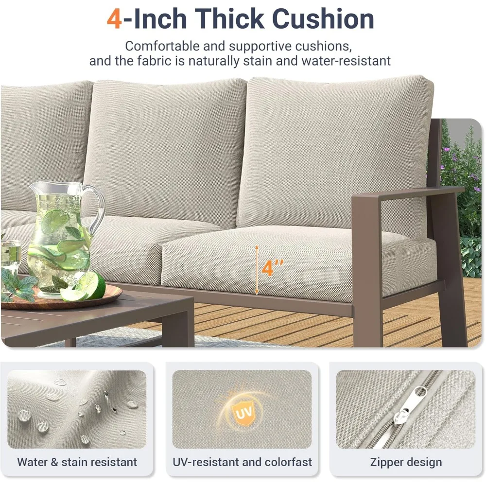 4 Pieces Aluminum Patio Furniture Set, 5-Seat Outdoor Metal Furniture Set with 4" Water-Resistant Cushion & Coffee Table 5